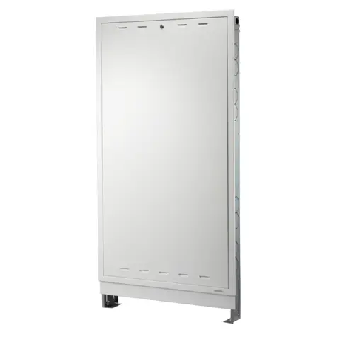 Oventrop Unterputzschrank in vertikaler Bauweise, mit glatter Front und seitlichen Lüftungsschlitzen, für die Installation von Heizkreisverteilern.